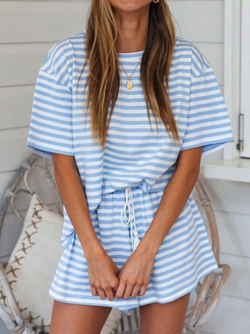 Striped Short Sleeve Tee and Drawstring Shorts Set